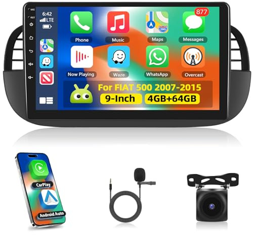 4+64G Carplay Autoradio per Fiat 500 2007-2015 con Wireless Android Auto, Motorsi Bluetooth Car Stereo Schermo con GPS Navigation/WiFi/RDS/FM/SWC/USB/Mirror Link/Canbus+AHD/CVBS Telecamera