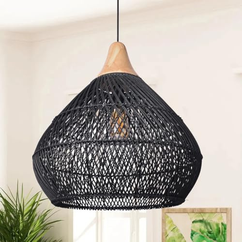 JOYINLED Pendelleuchte Wohnzimmer Boho Korbleuchten Pendellampe Rattan Hängeleuchte Esszimmer Lampe E27, Lampenart:Pendelleuchte(schwarz, ohne Glühbirne)