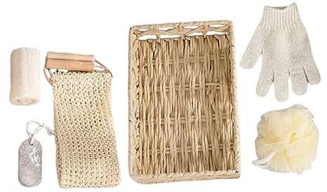 iplusmile Ensemble de Gommage Corporel et Râpe à Pieds 6 Pièces Brosse de Bain en Bois Naturel Panier Rectangulaire 30x20x6 Cm Exfoliation Profonde pour Bain Soins Peau pour Femmes