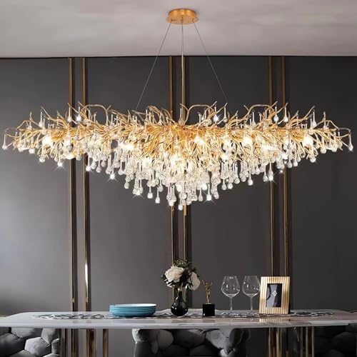 Leomix Modern Baumzweig-Kronleuchter, Luxuriöse Rechteckige Kristall-Regentropfen-Pendelleuchte, 12 Lichter Kücheninsel-Hängeleuchte Für Wohnzimmer, Esszimmer, Foyer, Eingangsbereich, Gold, L120cm
