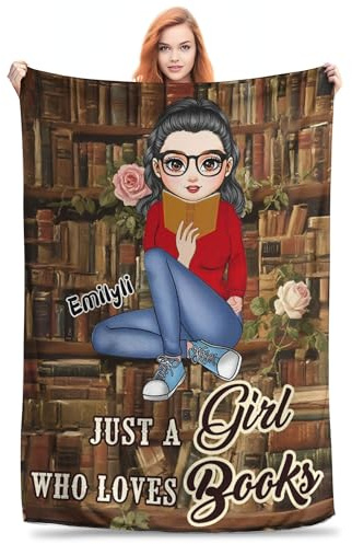 Custom Name Just A Girl Who Loves Book Reading Throw Blanket, Personalized My Reading Book Wearable Hooded Blanket, Books Lovers Gifts for Read Bookish, Bookworm Literary Gift