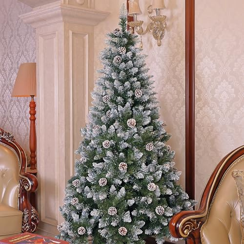 Asinse Schneebaum 180 cm künstlicher Weihnachtsbaum mit Schnee und Tannenzapfen ca. 870 Spitzen, schwer entflammbar, Schnellaufbau Klappsystem, inkl. Christbaum Ständer - ideal für Zuhause & Büro