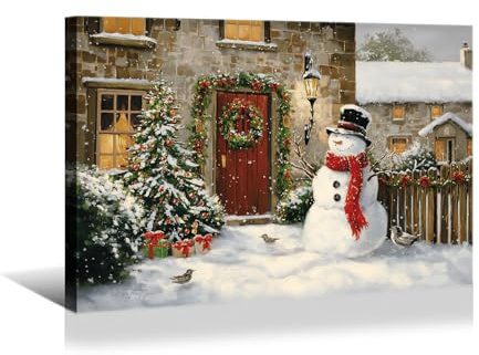 YONICA Farm Snowman Canvas Wall Art 30x20 Inch, Country Style with Red Barn and Robins, Gallery Wrapped Framed Rustic Christmas Art