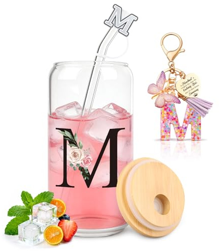 TUZELIYA M Personalisiert Personalisierte Geschenke mit Buchstaben – Glasbecher mit Deckel & Strohhalm + Schlüsselanhänger Buchstabe, Geschenk für Frauen & Mädchen, Geburtstag, Valentinstag
