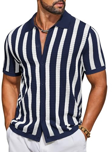 COOFANDY Men's Knit Button Down Shirt Short Sleeve Summer Casual Beach Shirts Cruise Vacation Tops Resort Wear, Navy Blue & White, M
