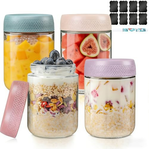 Kiswleon 4 Pack Overnight Oats Jar 500ml with Airtight Screw Lids,Stackable Glass Jars with Lids,Overnight Oats Container for Salad Jam Meal Prep Yoghurt Breakfast