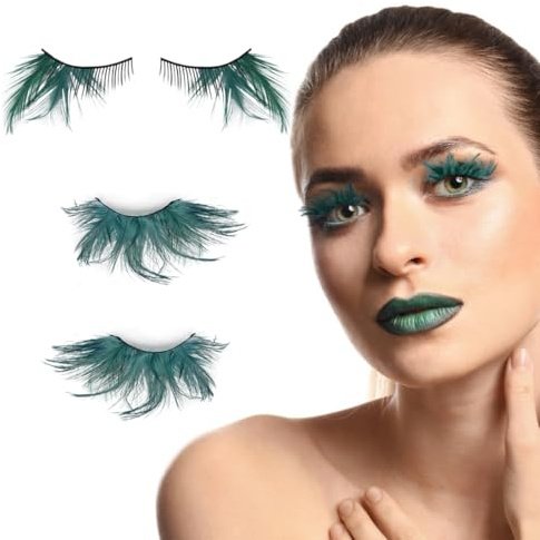 Künstliche Wimpern Karneval,2 Paare Grün Federn Wimpern,Pfau Grüne Wimpern für Party,Cosplay Mottoparty Fasching Maskerade Bühne Halloween