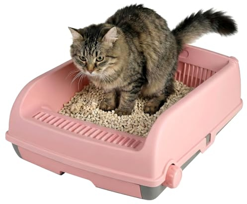 COSTWAY Arenero para Gatos con Bordes Altos, 60x46x24 cm, Caja de Arena para Gatos Semi-Automática a Prueba de Salpicaduras con Bandeja Tipo Cajón, Pala Deslizante y Pedal Filtrante de Arena (Rosa)