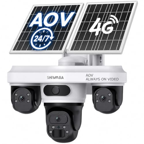 SHIWOJIA 24/7 Recording AOV 4G LTE Solar Security Camera Outdoor, Three-Lens, 360° With SIM Card, Wireless Battery CCTV With PTZ Motion Detection, Light Siren Instant APP Alert, IP66 Waterproof