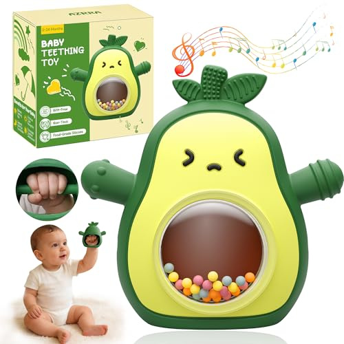 Teething Toys for Baby 0-24 Months, Avocado Silicone Teething Mittens | Anti-Drop Teething Chew Toy for 0-3-6-12 Months, Prevent Finger Sucking, 3-in-1 Teether, Rattle & Sensory Newborn Infant Toys