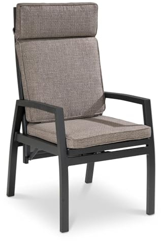 Home4You Gartenstuhl Stapelbar Anthrazit – Hochlehner mit Verstellbarer Rückenlehne – Inkl. brauner Kissen & Textilen-Bespannung – Aluminium-Gestell Wetterfest – Stapelstuhl für Terrasse & Balkon