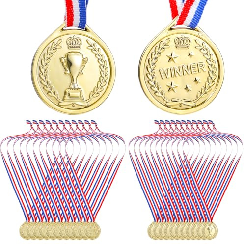 24 PCS Golden Plastic Medals for Awards, 1.4 Inch Plastic Golden Awards Medals with Neck Ribbon Trophy Team Prize Gifts Party Favors Gifts Lightweight Small Size for Games Competitions, Party Favors