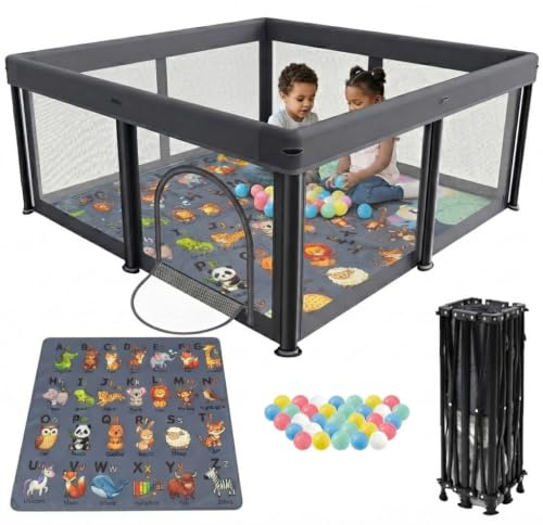Baby Laufstall faltbar 127x127 cm mit Matte – Tragbares Laufgitter für Babys & Kleinkinder, inkl. 50 Bälle – Sicherer Spielbereich für Indoor & Outdoor