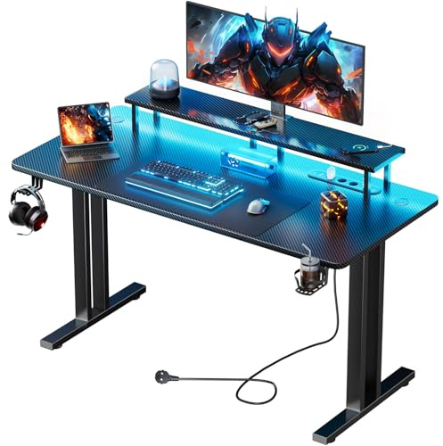HLONONE Gaming Tisch mit LED & Steckdose, 120 x 60 cm, PC Tisch Schwarz | Computertisch mit Monitorständer, Typ-C-Anschluss & 2 USB-A-Anschlüssen, für Gaming und Büro