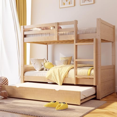 VIVCA Litera de madera con marco de cama extensible, convertible en cama individual, barandilla de seguridad, escalera, somier, cama de matrimonio, 90 x 200 cm