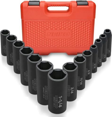 Neiko 02476A 1/2 Impact Socket Set, 14 Piece 6 Point Impact Set, Standard Impact Socket Set, SAE Sizes (3/8-Inch to 1-1/14) Cr-V Steel, Deep Socket Set 1/2 Drive,