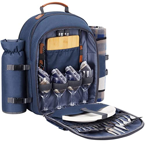 Sunflora Picknick Rucksack Set 4 Personen mit Isoliertem Kühlung und Decke, Picknickkorb Perfekt Picknickabenteuer für Camping Outdoor (Marine)
