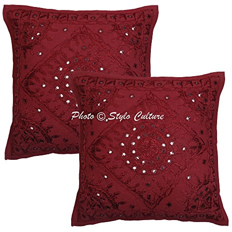 Stylo Culture Indio Fundas De Cojines Decorativos 40x40 cm Algodón Espejado Fundas Almohadones Sofa Granate 16x16 Inch Bordado Cuadrado sobre Fundas para Cojines De Cama - 2 Pcs