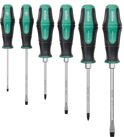 Juego de destornilladores profesionales 6 piezas de acero Q-50 de la serie ENSURE de WIESEMANN 1893 I Destornillador con tapa de cierre y punta magnética I 81161