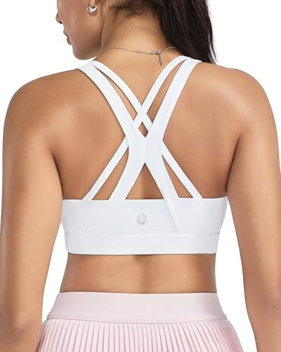RUNNING GIRL Sports Bra for Women, Criss-Cross Back Padded Strappy Sports Bras Medium Support Yoga Bra with Removable Cups A-White