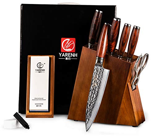 YARENH Set Couteaux de Cuisine Professionnel, 8 Pièces, Ensemble Couteau Cuisine en Acier Damas 73 Couches, avec Bloc en Bois et Pierre à Aiguiser et Ciseaux de Cuisine - Série HTT