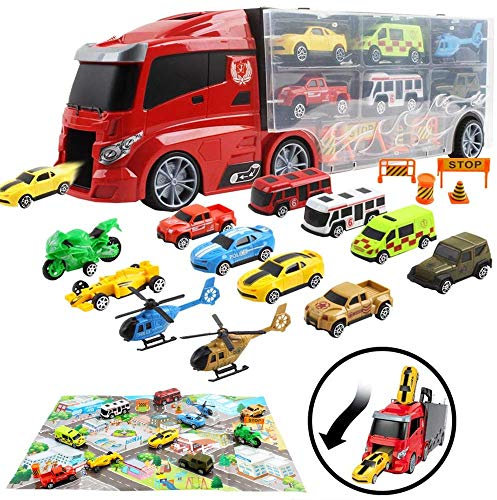 BAKAJI Camion Bisarca Porta Auto con Rampa a Scivolo 6 Macchinie Incluse Mappa Città e Accessori Gioco Giocattolo Bambini Portatile