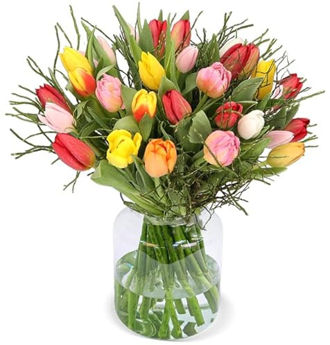 Blumenstrauß Modern Love | Bunter Tulpenstrauß | Mit Ziergrün | Perfekte Geschenkidee, 7-Tage-Frischegarantie, Qualität vom Floristen