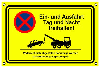 Einfahrt freihalten Schilder - Ausfahrt freihalten Schild - Parken verboten - Fahrzeug wird abgeschleppt! - Garage Tag und Nacht freihalten (30x20 cm) (1 Stk. Ausfahrt freihalten Tag und Nacht)