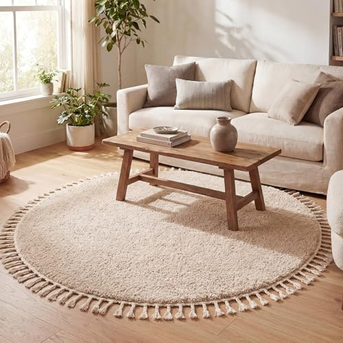 FRAAI | Home & Living Teppich Hochflor Rund - Lofty Fringe Beige - Ø 100 cm | Einfarbig - Boho, Ländlich, Modern, Skandinavisch - Wohnzimmer, Esszimmer, Schlafzimmer - Fellteppich