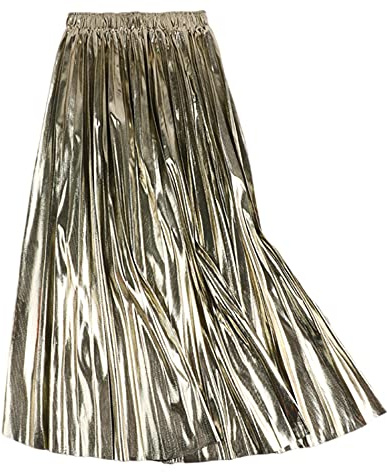 SEMATOMALA Damen Gold Plissee Maxirock Akkordeon Elastische Taille Aline Swing Metallic Glänzend Lange Party Röcke
