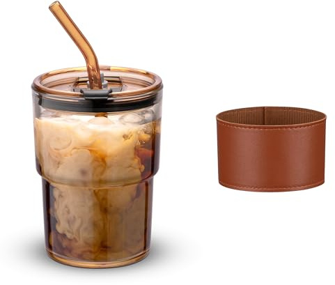 BLUEPOLAR 400ml Water Tumbler with Straw and Sealed Lid for Coffee, Iced Tea, Thick Wall (Amber with Protective Sleeve)