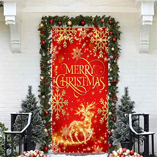 Weihnachten Banner Tür Deko, Rot Glitzernde Frohe Weihnachten Rentier Elch Türbanner Schild, Große Stoff Weihnachtsdeko Hintergrund für Outdoor haus Hof Garten Neujahr Party Dekoration, 90 x 185 cm