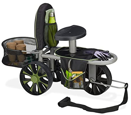Relaxdays Gartensitz, höhenverstellbar, 80 kg, fahrbarer Gartenhocker mit Griff, Stauraum für Utensilien, schwarz/grün