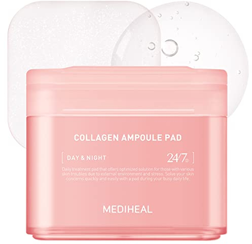 MEDIHEAL Collagen Ampoule Facial Toner Pads - Collagen & Ceramide - Skin Firming & Restore Elasticity & Deep Hydration - Tighten Wrinkles & Lines - Vegan Eco Silk Fabric, 100 Pads