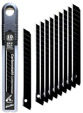 DONILU 10x Premium 9mm Cuttermesser Klingen - SK5 Carbon-Stahl - schwarze Beschichtung in einer Box - extrem scharf, Ersatzklingen, Abbrechklingen für Teppichmesser Cuttermesser