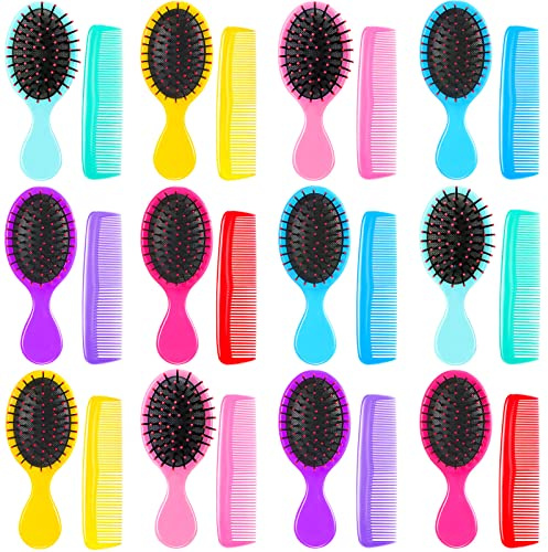 Nuogo 24 Pcs Mini Wet Hair Brush Combs Set Travel Detangling Soft Bristles Wet Dry Kids Hair Brush 12 Detangler Small Brushes 12 Plastic Combs for Baby(Bright Color)