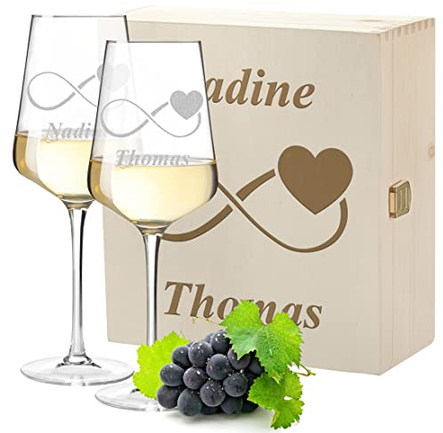 Set de vin 3 pièces avec gravure personnalisée – Motif signe de l'infini – 2 verres à vin blanc Leonardo Puccini 560 ml, 1 boîte en bois – durable – en bois véritable – Cadeau DIY – Couple d'amour