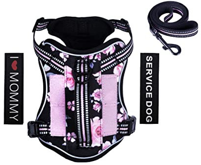 Foxyep Tactical Dog Harness, Working Dog MOLLE Vest with Handle for Small Dogs, No Pull Adjustable Pet Harness, Reflective Strap with Dog Leash Set (XS, Pink Floral)