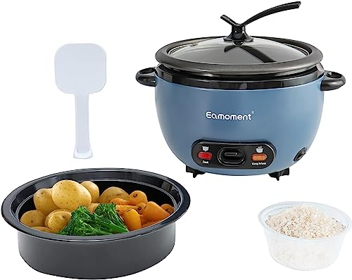 Eamoment Olla arrocera y vaporera negra de 1 litro | 400 W Warm & Cook olla extraíble antiadherente para 1 a 5 personas, espátula para taza medidora, perilla azul