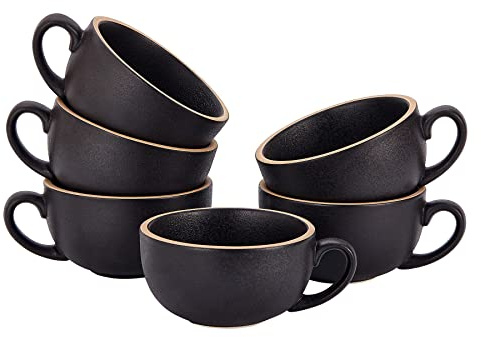 Coffeezone Set of 6 Cups Vintage Design 12 oz Professional Barista Ceramic Latte Art Cappuccino Cups Set (Rough Black * 6)