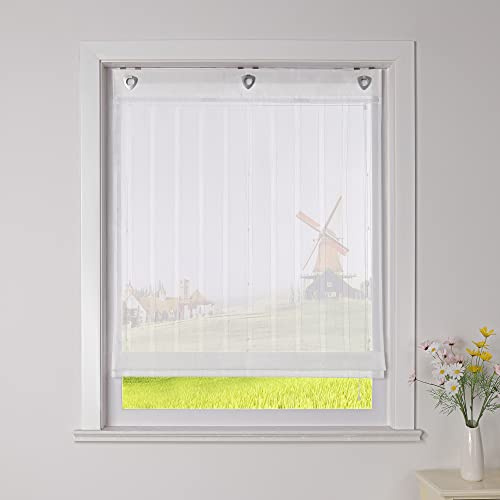 CORLIF Raffrollo Gestreifte Raffgardinen mit Streifen mit Baumwollgarn-Optik Gardinen Landhaus Ösenrollo Küche Transparente Rollos Modern für Fenster ohne Bohren mit Ösen Weiß BxH 80x140 cm 1 Stück