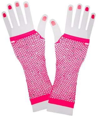 Wicked Costumes Adult 80's Long Net Gloves with Rhinestones - Neon Pink