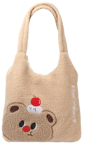 MEGAUK Sac à bandoulière en peluche pour femme - Grande capacité - Motif ours de dessin animé - Broderie - Sac fourre-tout pour l'université, le travail, les filles, l'école, 07887 kaki