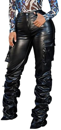 hibshaby Stacked Pants for Women, High Waist Pleated Pants Loose Pocket Straight Wide Leg Pu Leather Trousers Black XL
