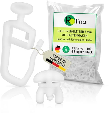 Rollina Gardinengleiter 7 mm (100 STK. mit 6 Stoppern) | Gardinenhaken für Schienen mit 4-5 mm Innenlauf-Breite | Vorhanghaken | passend für bspw. IKEA KVARTAL
