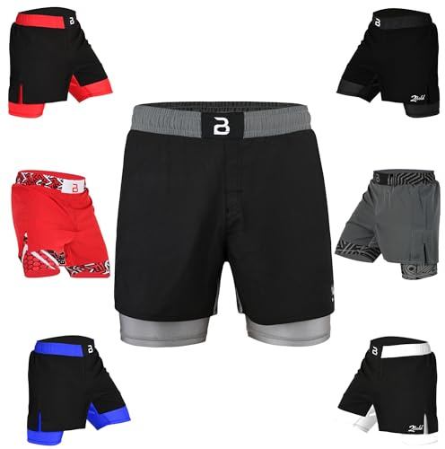 2BOLD MMA Shorts Men’s BJJ, Grappling, JIU-Jitsu, NO-GI Cross Training, Built in Compression Running Shorts (US, Alpha, Small, Regular, Regular, Black-Grey)