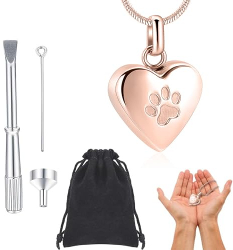 KSJEHW Urne Kette für Asche Anhänger Pfoten Abdruck Haustier Herz Urne Halskette Memorial Andenken Urne Schmuck mit Trichter-Kit für Haustier/Hunde/Katze Asche