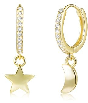 Gold Hängende Ohrringe für Damen, 14 Karat Gold Kleine Creolen Hängende Ohrringe Hypoallergene Mond und Stern Tropfenohrringe Ohrringe Hängeohrringe für Damen Mädchen