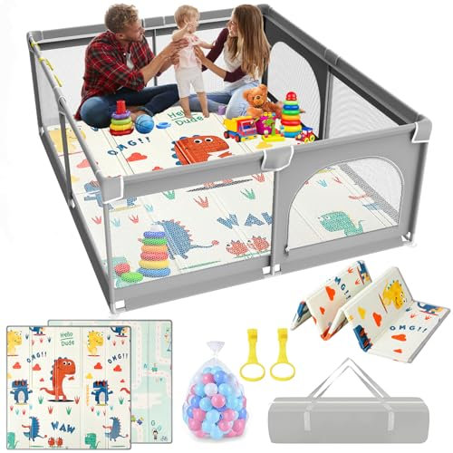 PERSEVERANCE Parque Infantil Bebe,150x180cm Parque Bebe Con Alfombra, 50 Bolas,XXL Parque De Juegos Bebé Plegable,Corralito Bebe Con Malla Transpirable en Los Cuatro Lados y Ventosas