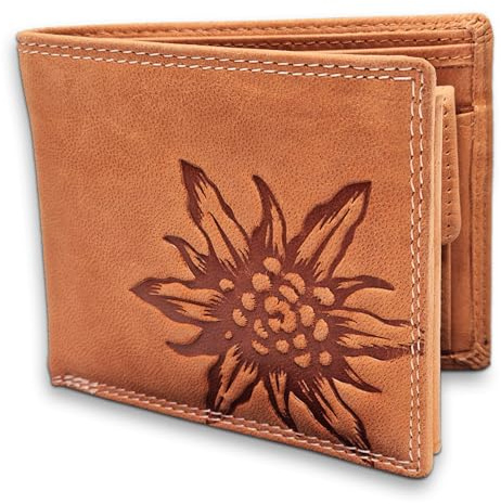 Pixelstudio Leder Geldbörse Herren Geldbeutel als Männer Geschenk für Jäger & Bergsteiger. Geldtasche Herren Geldbörse Leder Portemonnaie Hirsch & Edelweiß